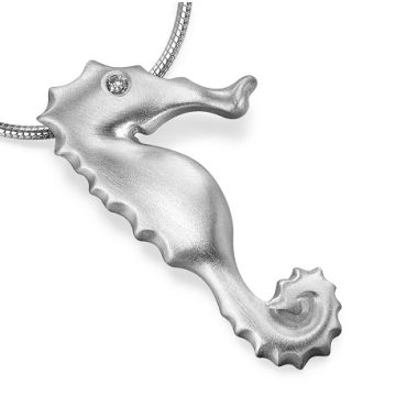 Silver Diamond Eye Seahorse Pendant on Snake Chain Necklace